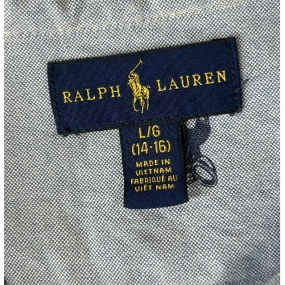 Ralph Lauren Boys Shirt Polo Bear All Over Print ButtonDown Blue Oxford LG 14/16